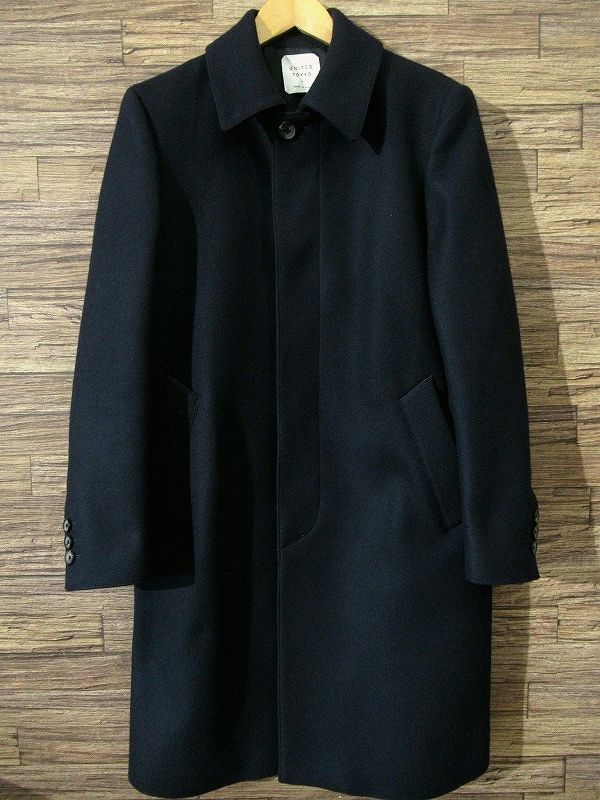 送無 美品 日本製 UNITED TOKYO ユナイテッドトウキョウ Super 110's メルトン ウール ステンカラー コート MADE IN INAKITA 紺 ネイビー 1_画像2