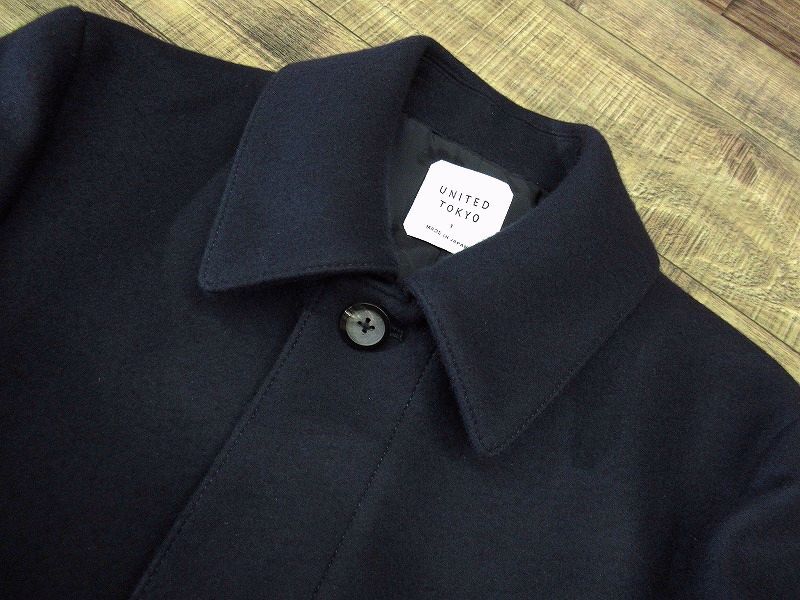 送無 美品 日本製 UNITED TOKYO ユナイテッドトウキョウ Super 110's メルトン ウール ステンカラー コート MADE IN INAKITA 紺 ネイビー 1_画像6