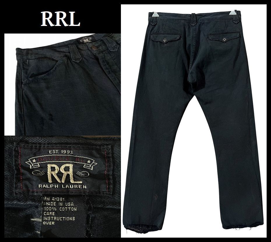 ■ 雰囲気抜群 希少 USA製 RRL ダブルアールエル DOUBLE RL ダメージ 加工 WEST CHINO スリムシルエット ウエスタン チノ パンツ 黒 W32_画像1