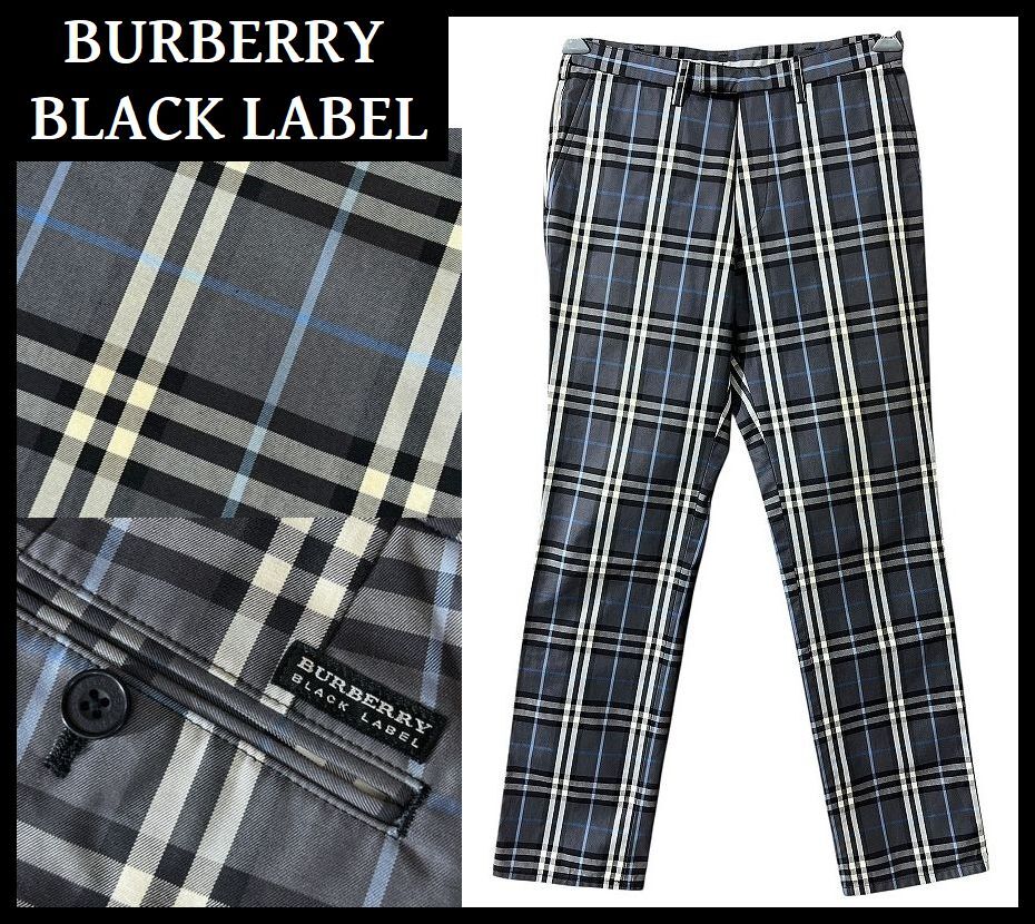 ■ 希少 BURBERRY BLACK LABEL バーバリーブラックレーベル 刻印 ロゴ ボタン 総柄 ブルー ノバチェック トラウザーズ パンツ スラックス_画像1