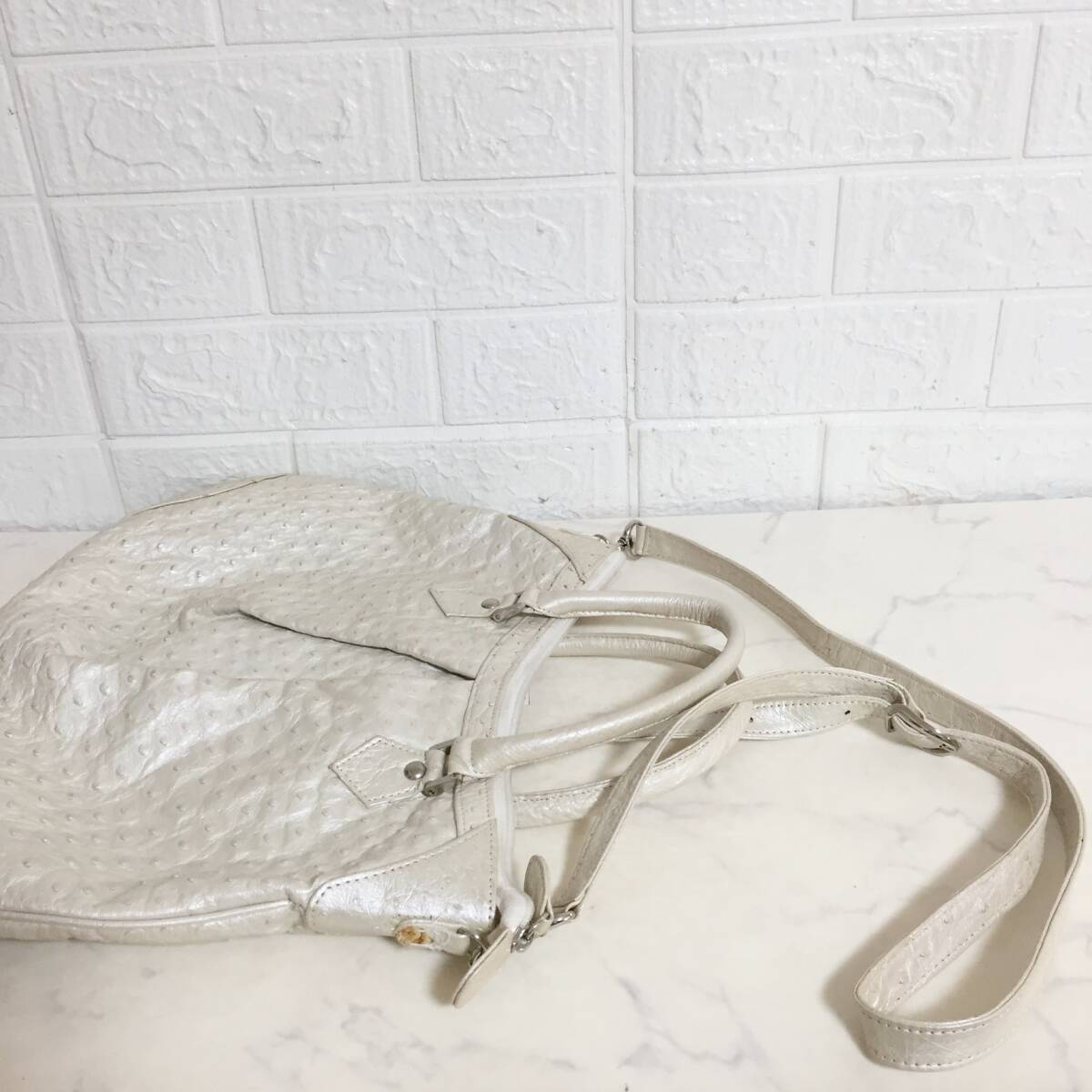 no33958 高級 Rhodes ロドス 本革 レザー エキゾチック オーストリッチ ダチョウ 2way ショルダー トート バッグ_画像4