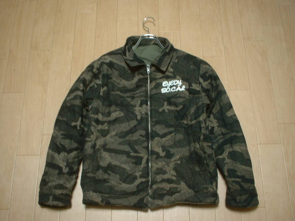 EYEDYリバーシブル中綿ワークジャケットM正規アイディーインサレーションブルゾン迷彩カモフラxカーキチェーンステッチ刺繍アート_画像3