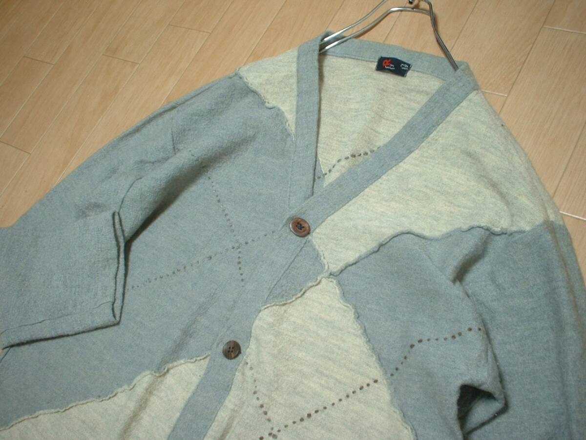  высококлассный 45RPM переключатель лоскутное шитье шерсть кардиган 4 мужской XL свитер стандартный four чай пять a-rupi- M MADE IN JAPAN серый x бежевый 