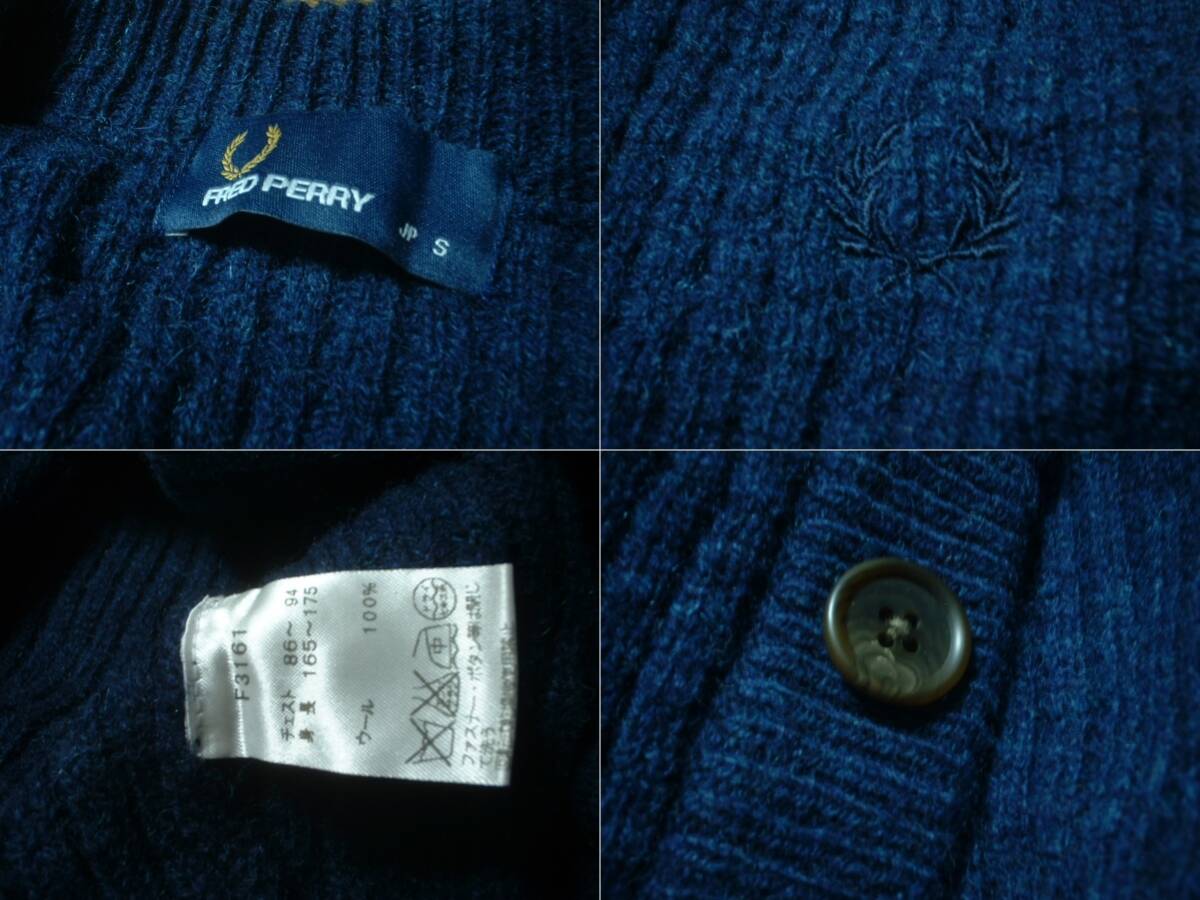 FRED PERRYワンポイント刺繍ワッフルニットウールカーディガンSネイビー正規F3161フレッドペリー紺セーターフィッシャーマンズノルディック_画像2