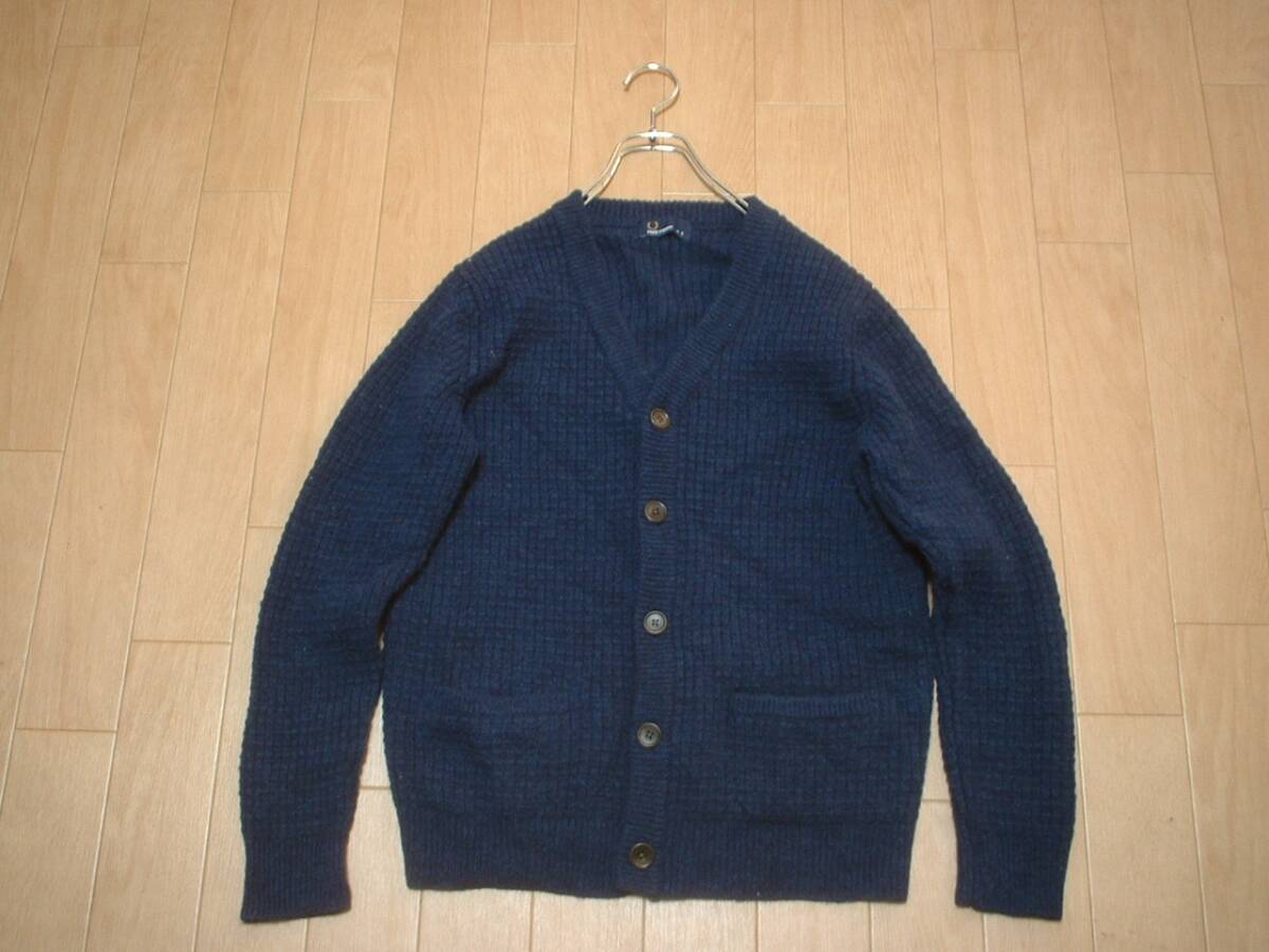 FRED PERRYワンポイント刺繍ワッフルニットウールカーディガンSネイビー正規F3161フレッドペリー紺セーターフィッシャーマンズノルディック_画像3