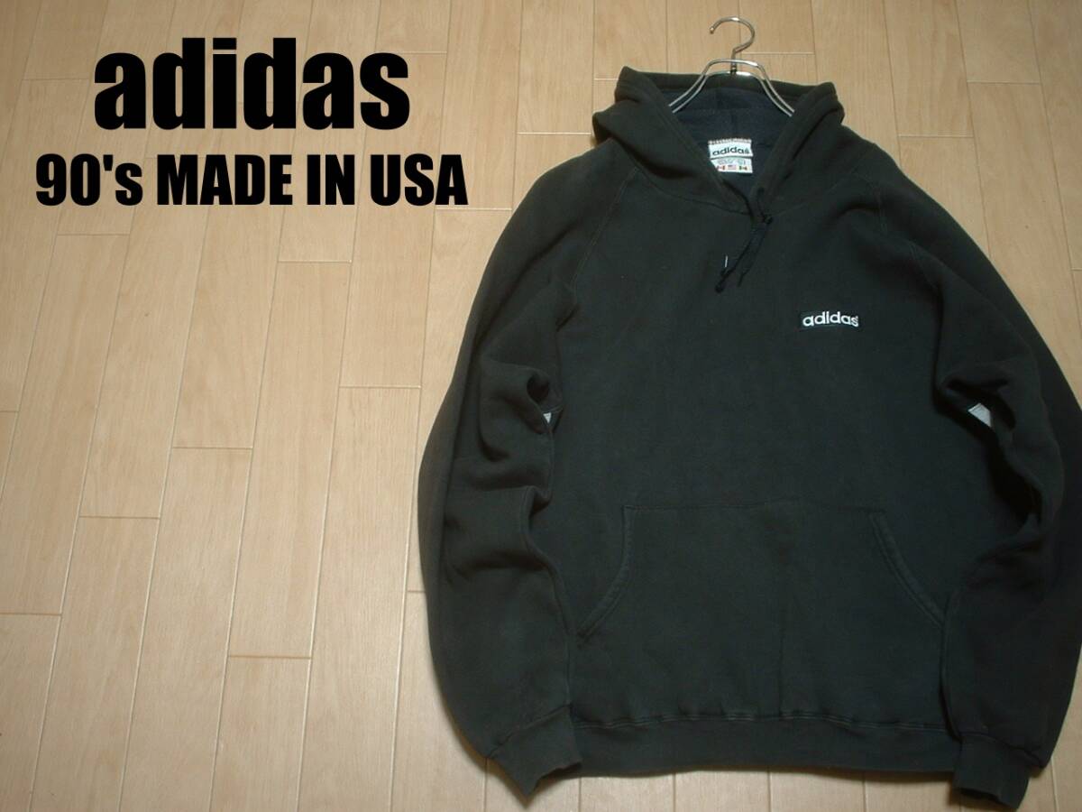 お宝USA製90sビンテージadidasワンポイントロゴ&脇腹3ラインスウェットパーカーLアディダス米国製トラックジャケットトレフォイルジャージ_画像1