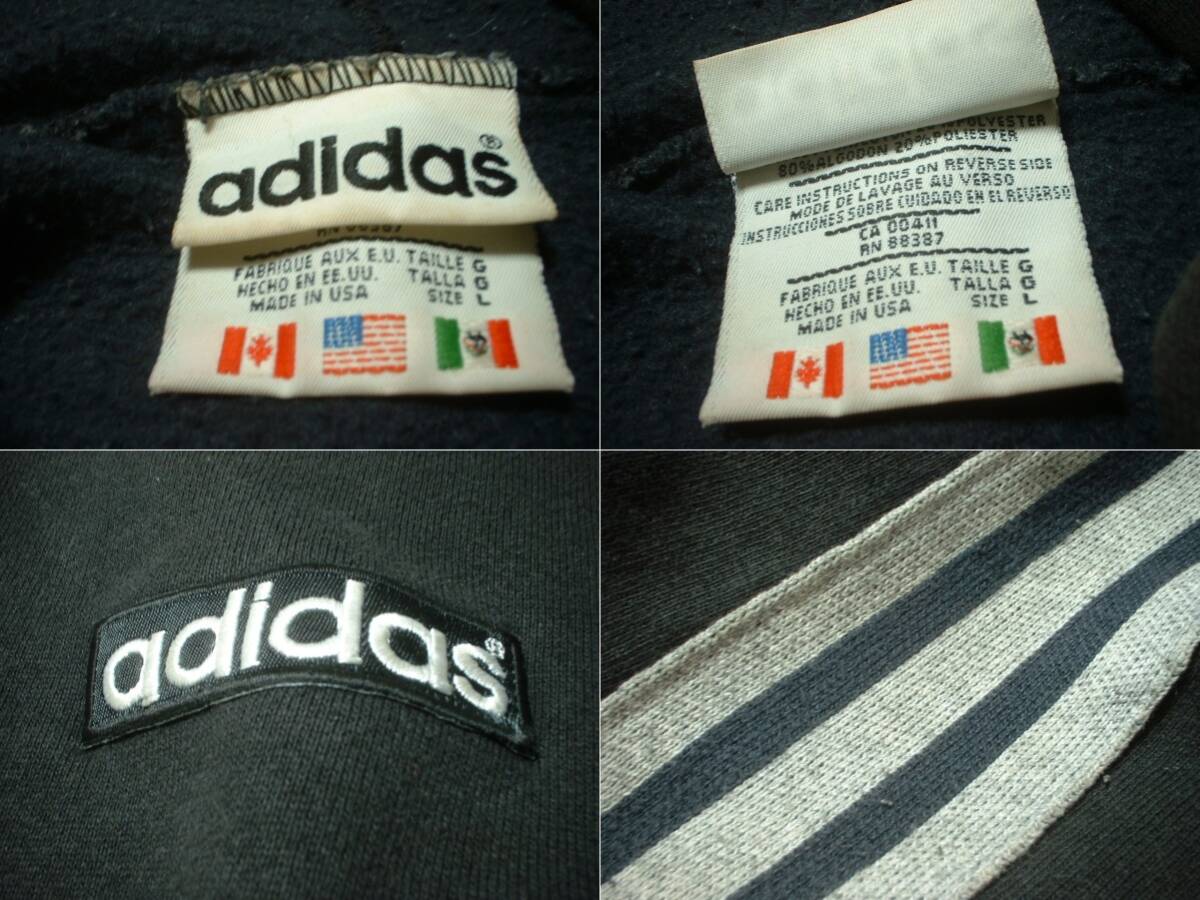 お宝USA製90sビンテージadidasワンポイントロゴ&脇腹3ラインスウェットパーカーLアディダス米国製トラックジャケットトレフォイルジャージ_画像3