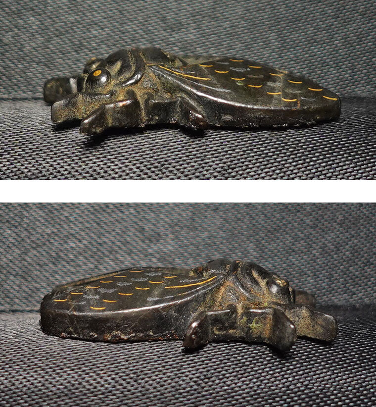 ★人気のセミ図 赤銅地容彫蝉図目貫 無銘 高肉彫 金銀象嵌 毛彫 刀装具 再生復活 cicada 蝉時雨 桐箱入_画像6