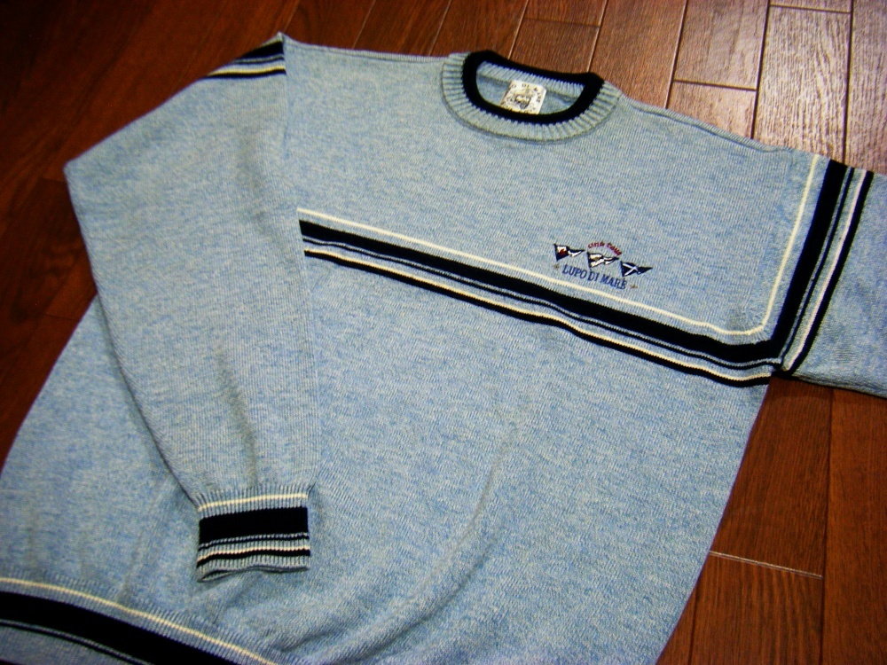 ウール100%/美品〇シナコバ SINA COVA セーター M 伸縮 刺しゅうロゴ 薄青色系 混在_画像1