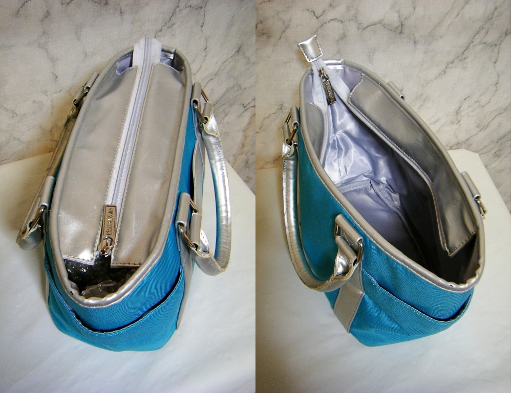 ポリキャンバス地/良質品〇Black＆White 多目的カートバッグ 裏地付き ブランドロゴ エメラルドグリーン_画像5