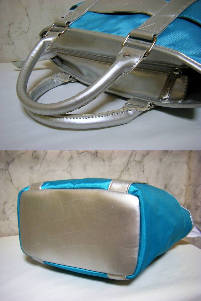 ポリキャンバス地/良質品〇Black＆White 多目的カートバッグ 裏地付き ブランドロゴ エメラルドグリーン_画像9