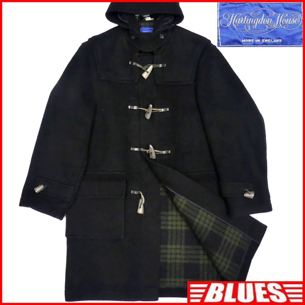 即決★英国製 Hartingdon House★メンズM ダッフルコート ハーリントンハウス 38 黒 チェック 通勤 ジャケット ウール ロングコート_画像1