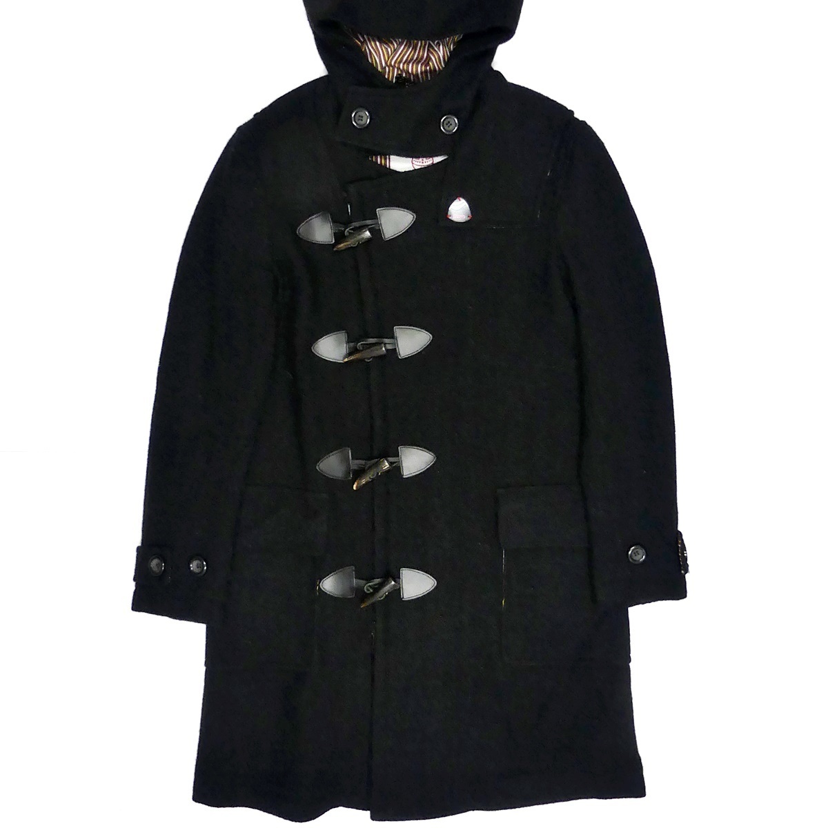 即決★Burro Harris Tweed 別注★メンズM ダッフルコート バーロウ ハリスツイード コラボ 黒 内地ストライプ ジャケット ロングコート_画像2