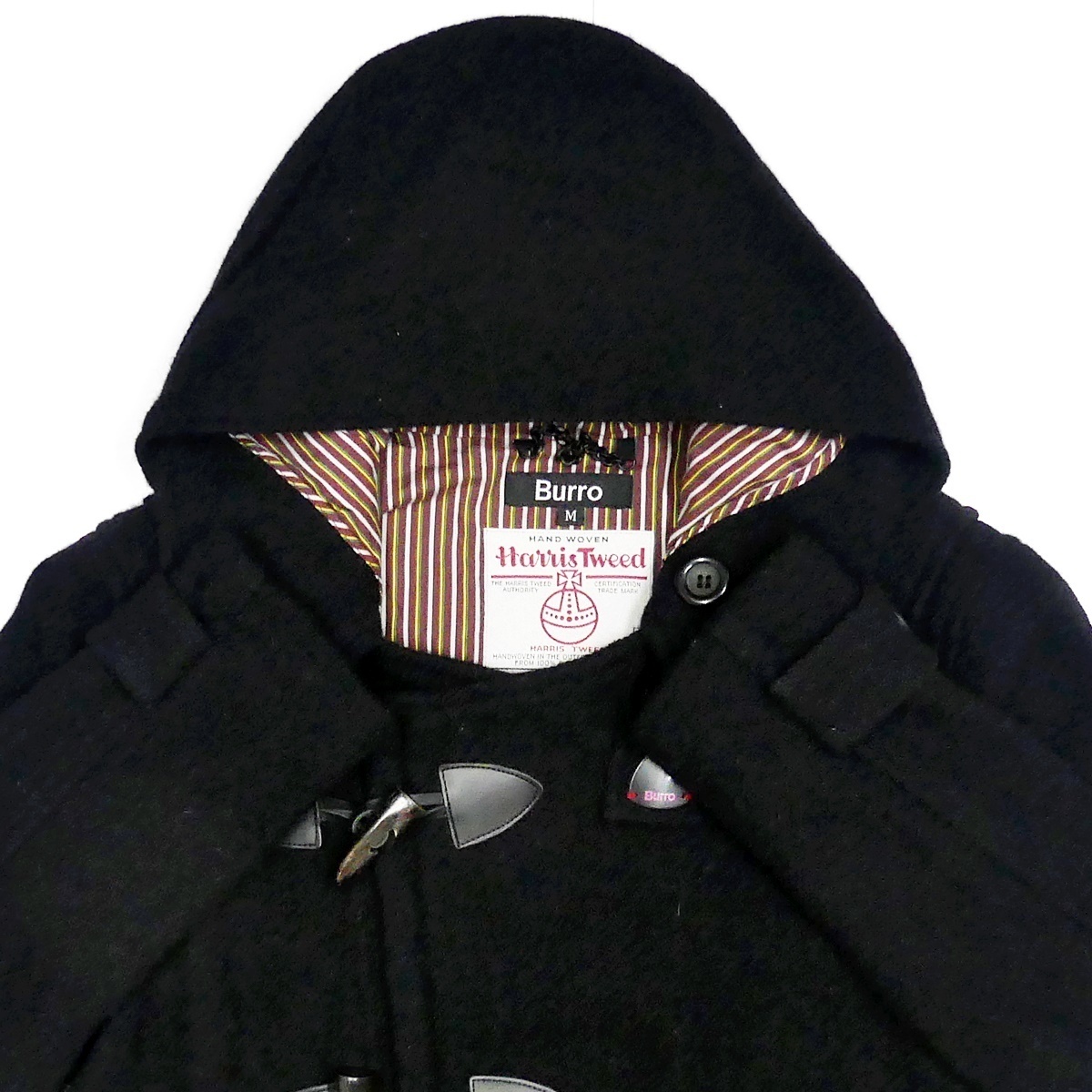 即決★Burro Harris Tweed 別注★メンズM ダッフルコート バーロウ ハリスツイード コラボ 黒 内地ストライプ ジャケット ロングコート_画像4