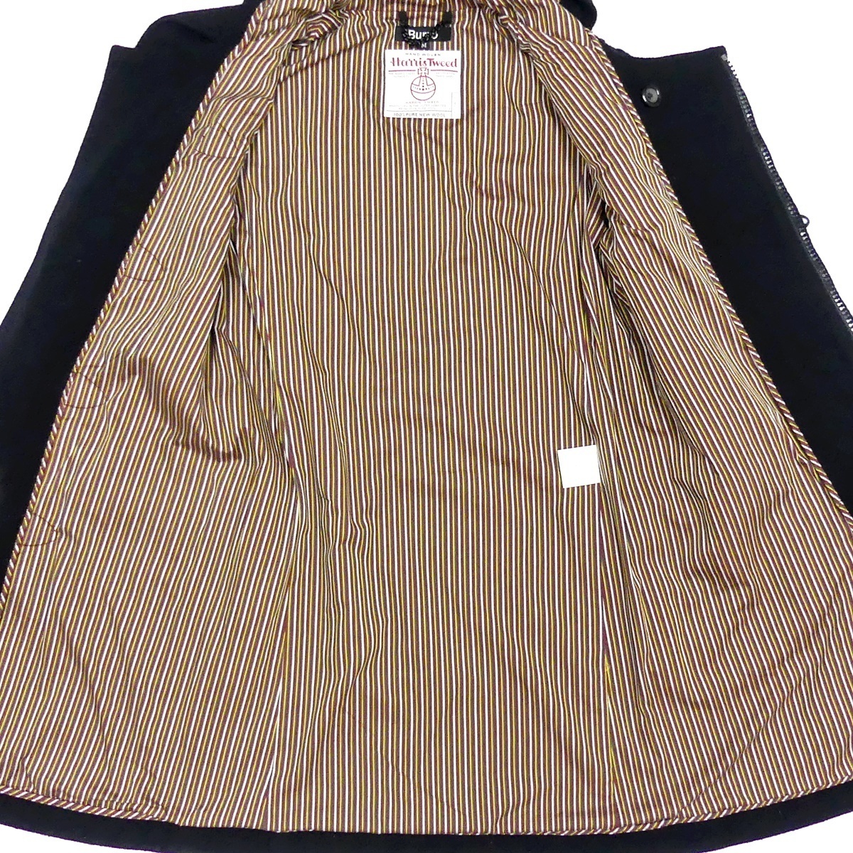 即決★Burro Harris Tweed 別注★メンズM ダッフルコート バーロウ ハリスツイード コラボ 黒 内地ストライプ ジャケット ロングコート_画像5