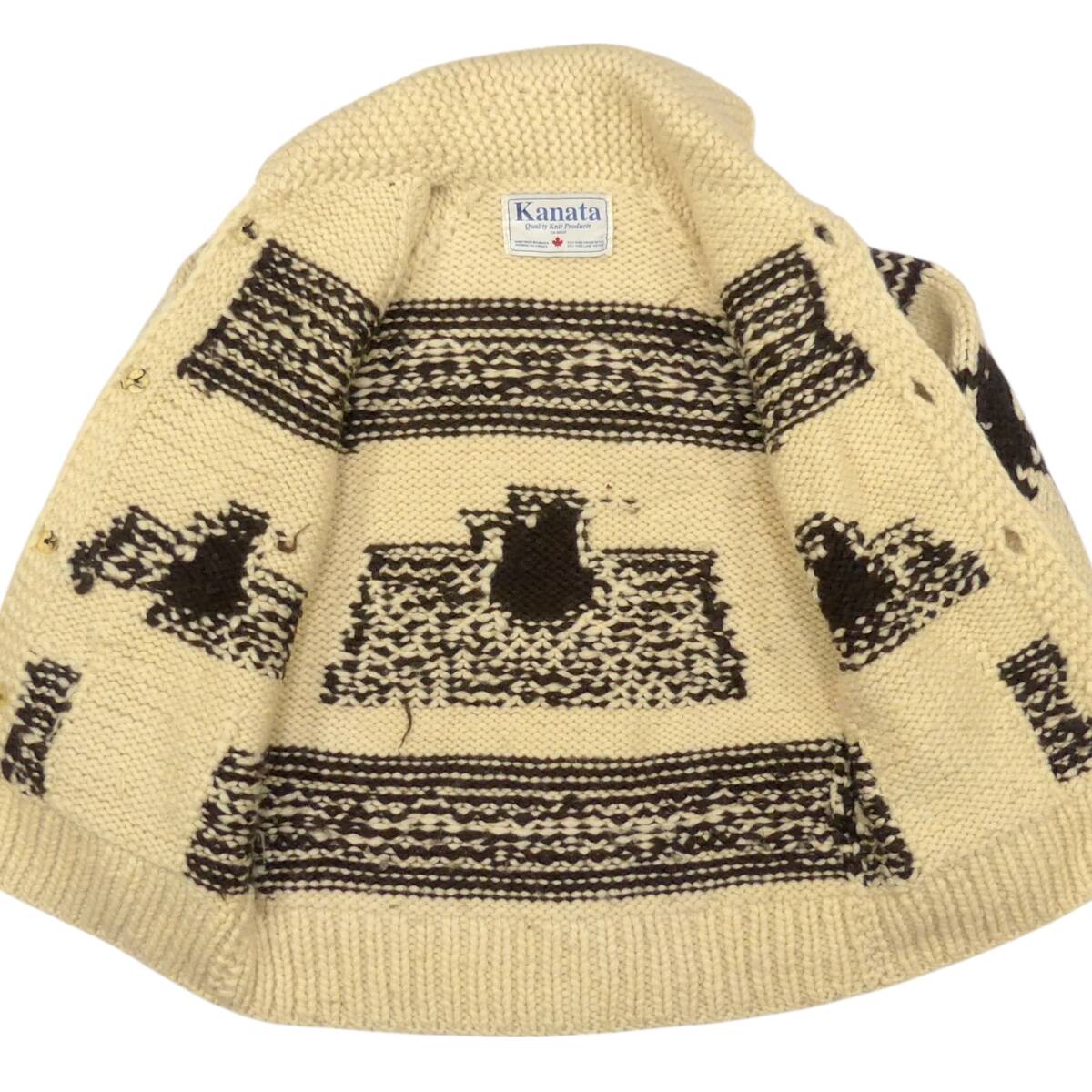 即決★カナダ製 KANATA★ XL位 カウチンセーター カナタ 生成り サンダーバード ウール ハンドニット セーター メープルボタン ニット_画像4