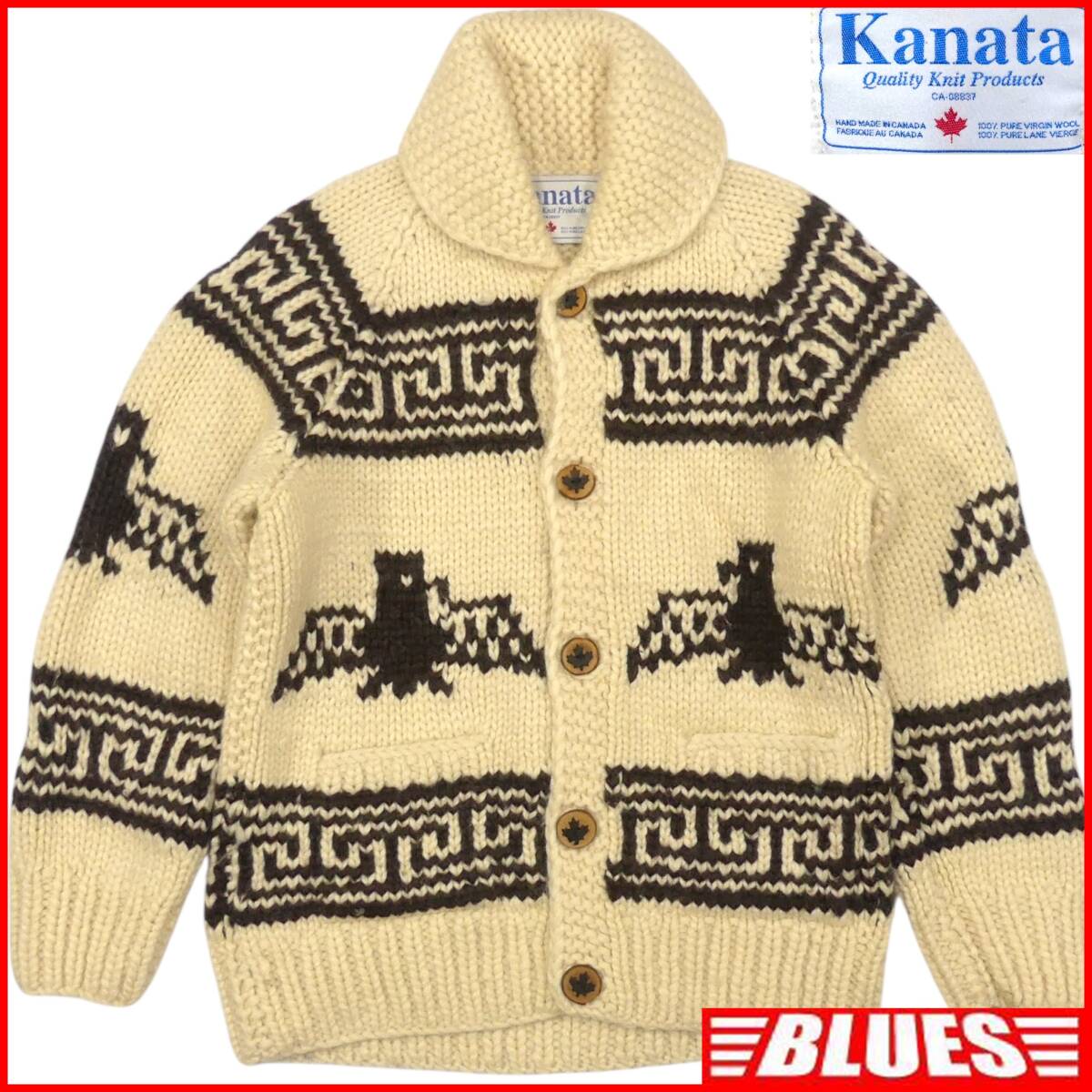 即決★カナダ製 KANATA★ XL位 カウチンセーター カナタ 生成り サンダーバード ウール ハンドニット セーター メープルボタン ニット_画像1