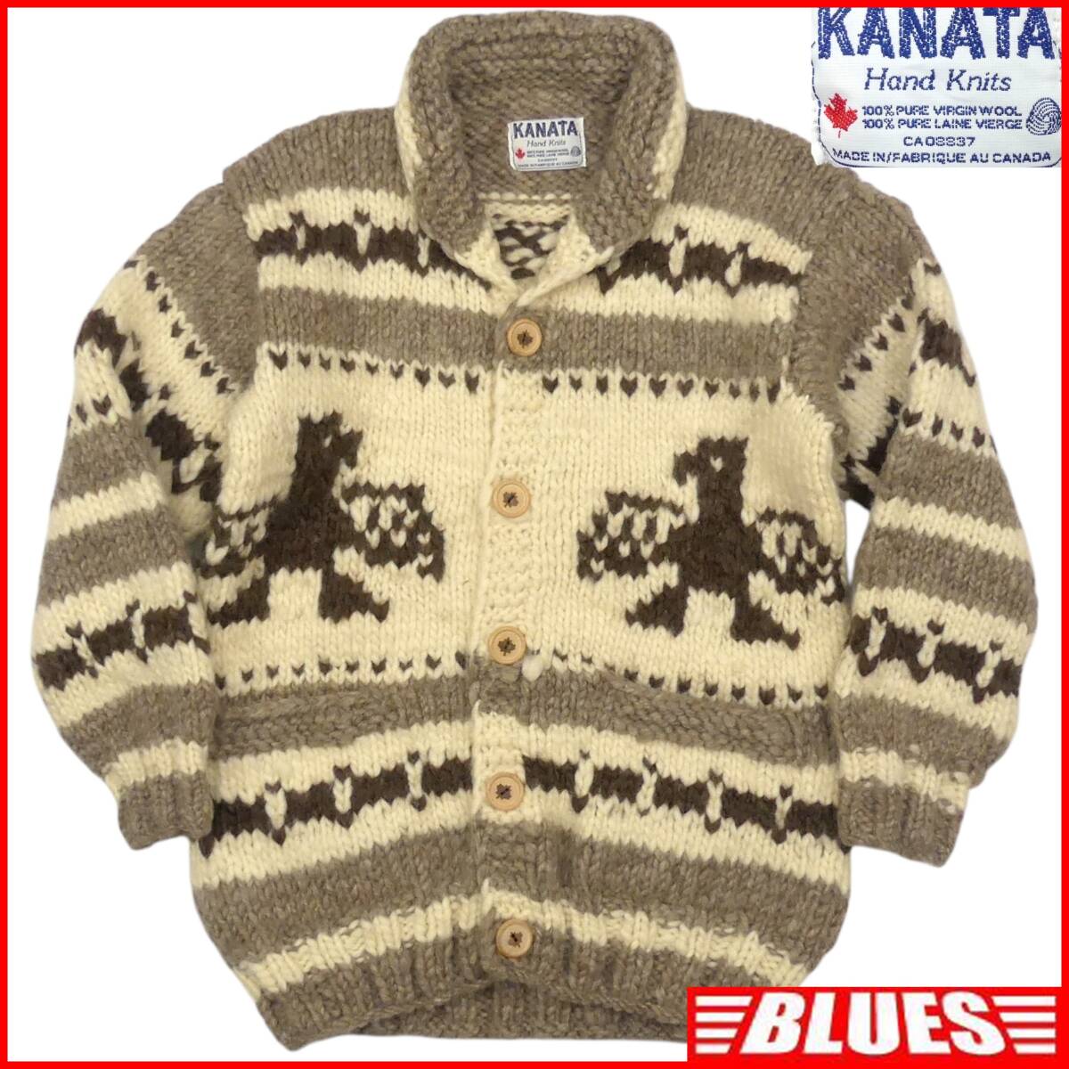 即決★カナダ製 KANATA★メンズ XL位 カウチンセーター カナタ 茶 ベージュ 生成り ウール ニット セーター メープルボタン ハンドニット_画像1