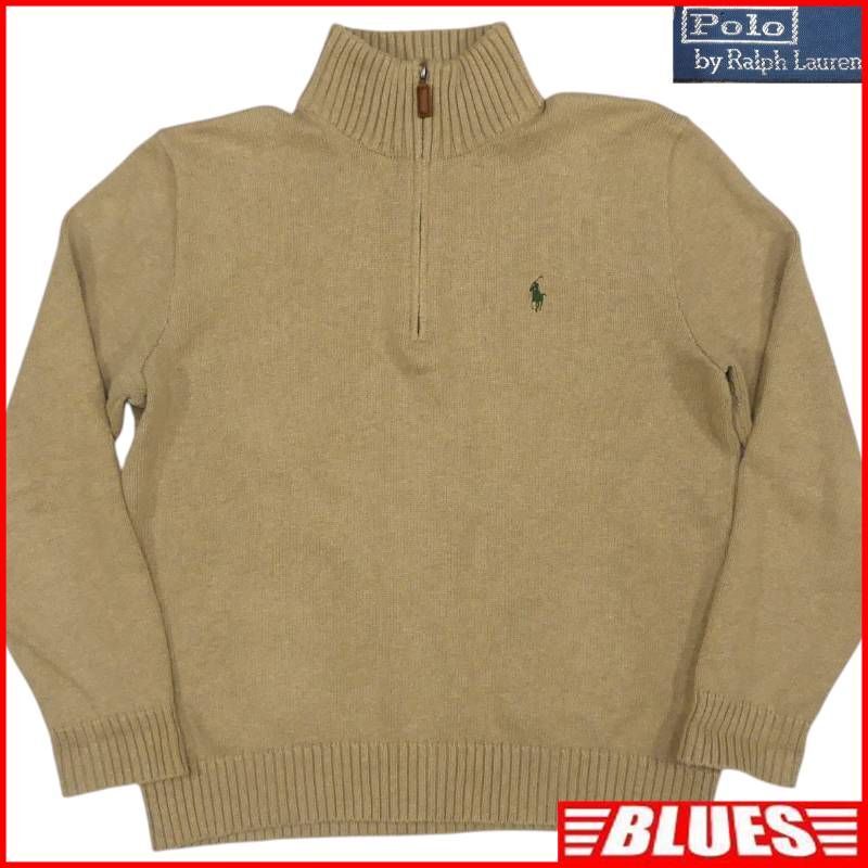 即決★POLO RALPH LAUREN★メンズ M ニット セーター ラルフローレン 茶 ベージュ ハーフジップ ポニー刺 長袖_画像1