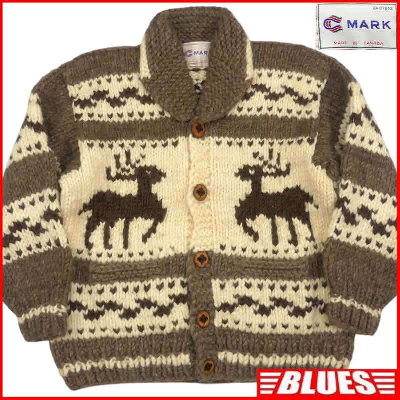 即決★カナダ製 MARK★メンズ XXXL カウチンセーター マーク 茶 ウール トナカイ ベージュ メープルボタン ニット セーター カーディガン_画像1