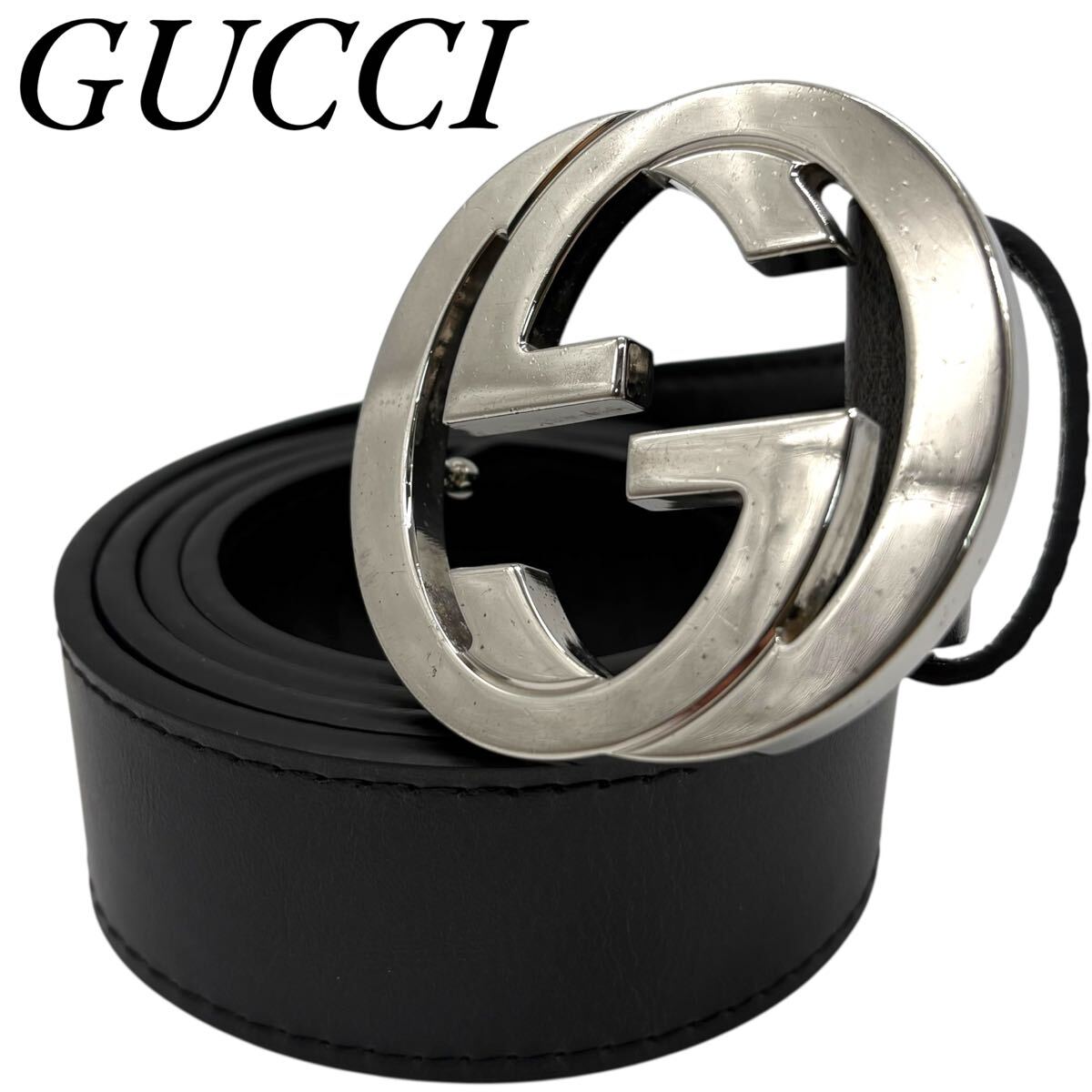 [ прекрасный товар / высший класс ]GUCCI Gucci ремень Inter locking te Caro goGG кожа черный чёрный серебряный серебряный ходить на работу работа бизнес мужской 4cm ширина 