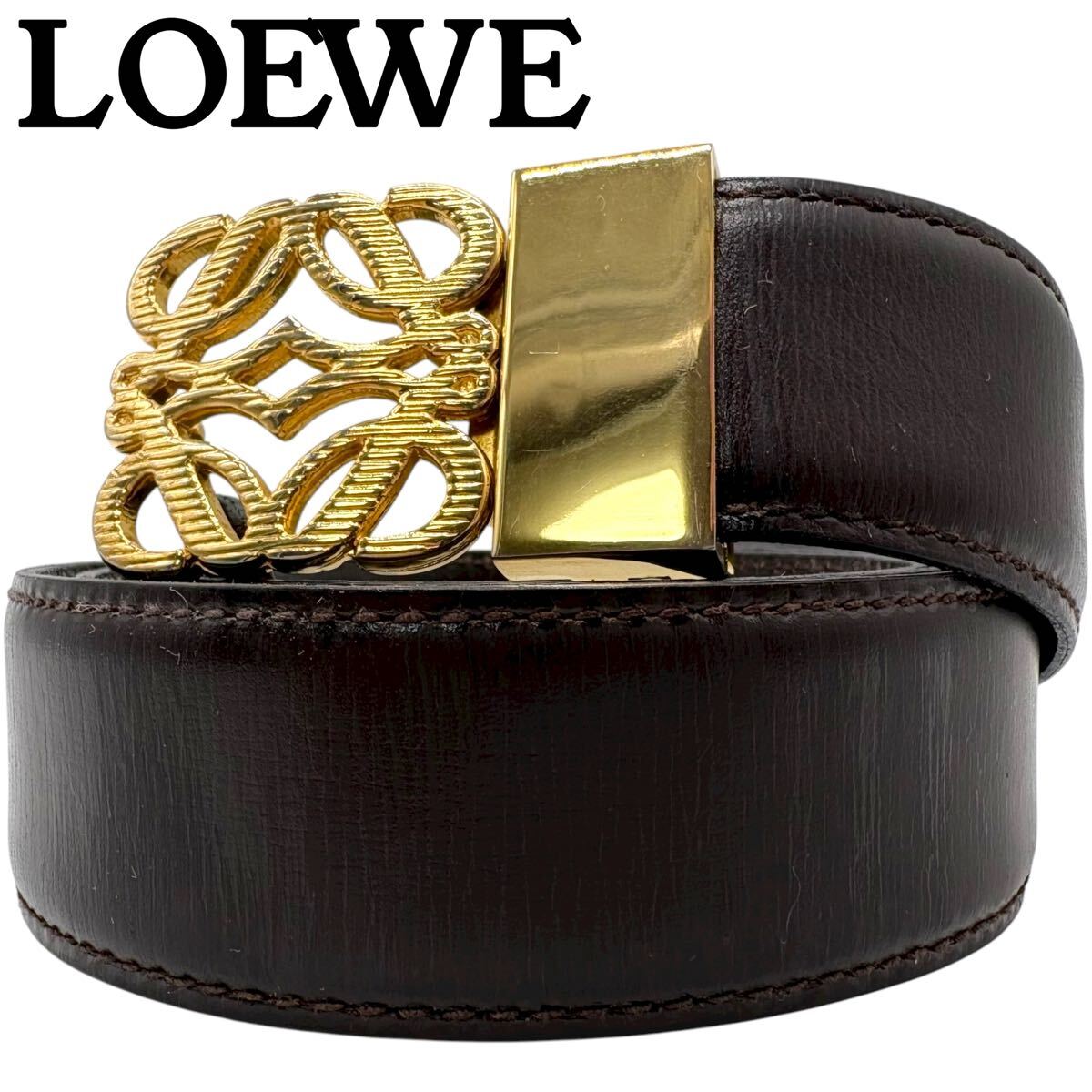 【美品/最高級】LOEWE ロエベ ベルト アナグラム デカロゴ レザー ブラック 黒 ゴールド金具 通勤 通学 ビジネス メンズ 3cm幅_画像1