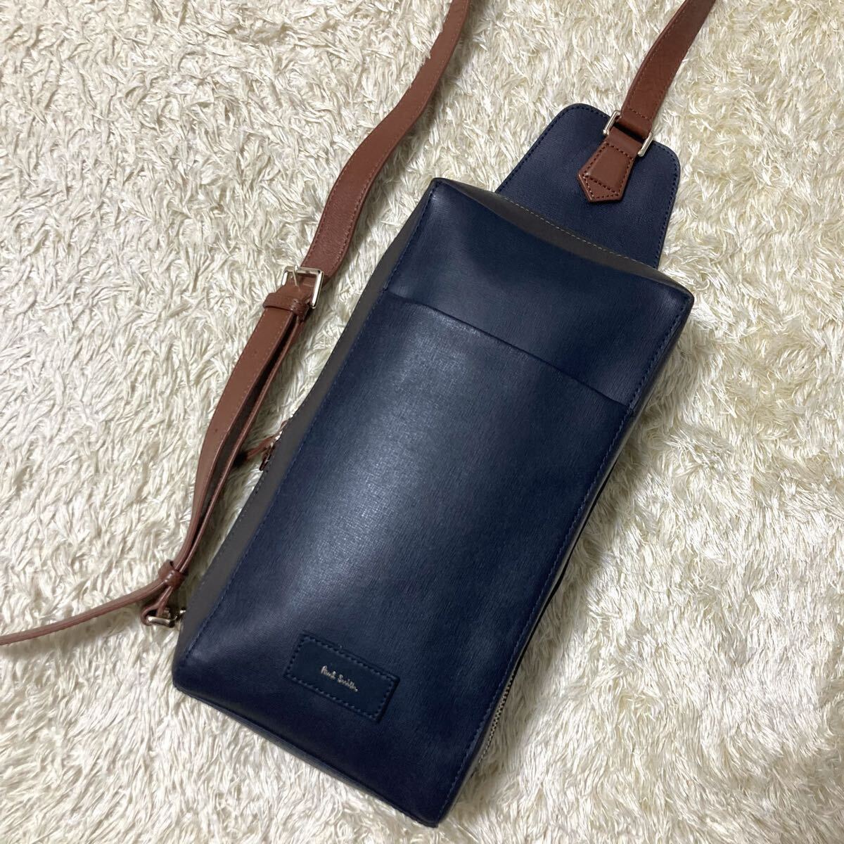 1 иен ~ превосходный товар Paul Smith Paul Smith сумка на плечо кожа темно-синий цвет блок мужской женский сумка "body" наклонный ..