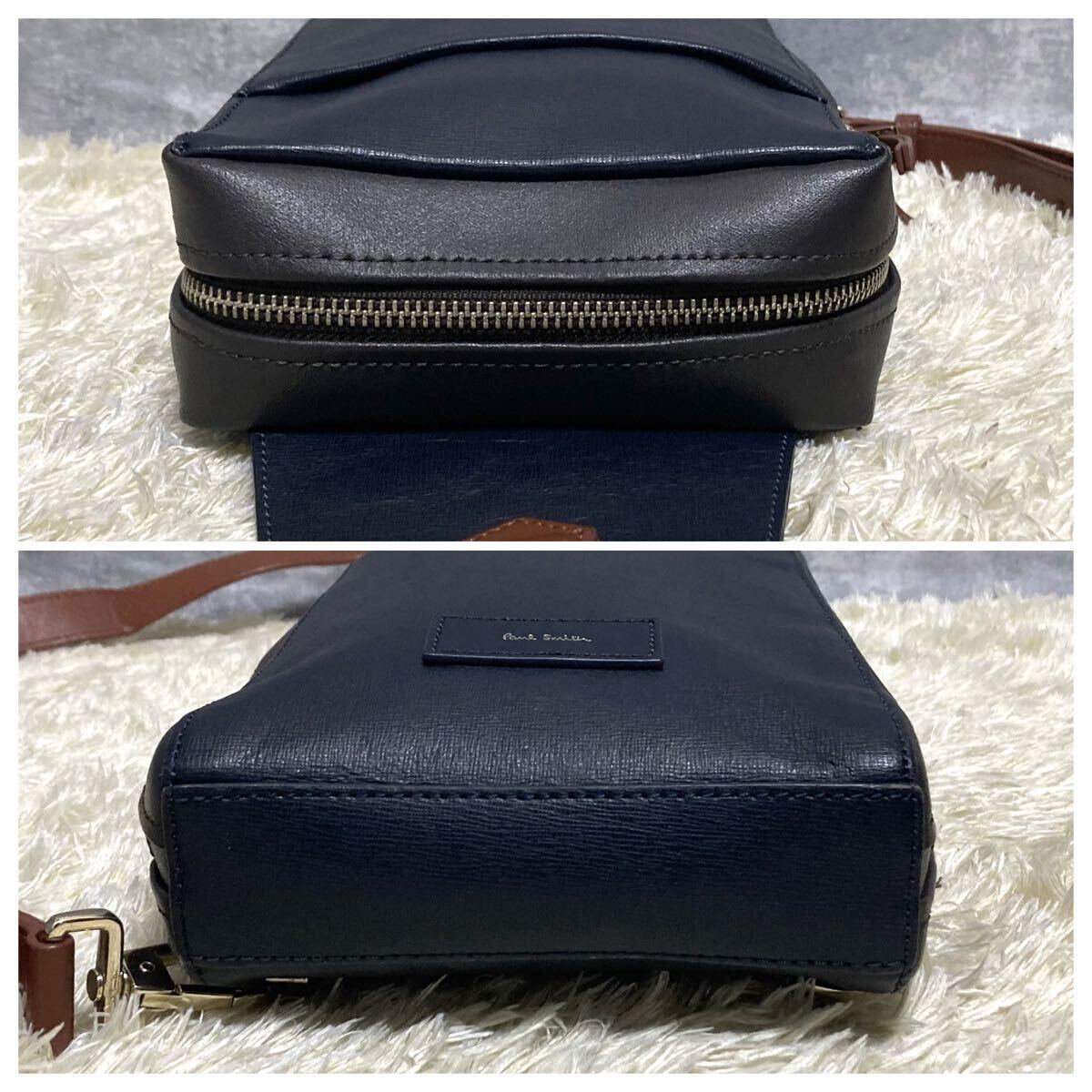 1 иен ~ превосходный товар Paul Smith Paul Smith сумка на плечо кожа темно-синий цвет блок мужской женский сумка "body" наклонный ..