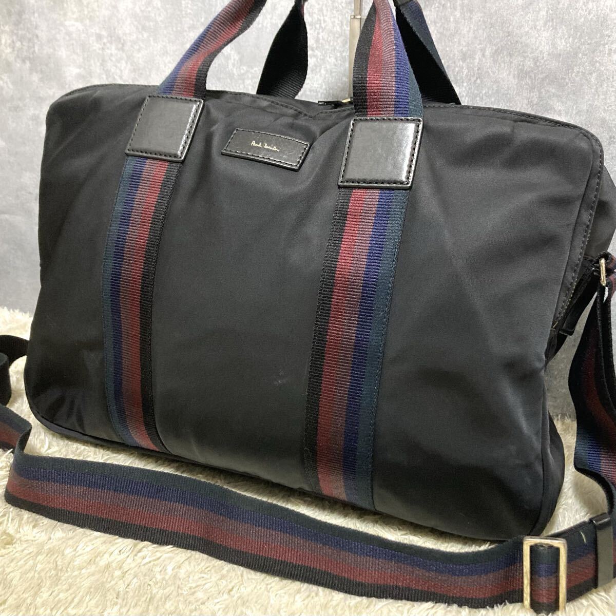 1 иен ~ прекрасный товар Paul Smith мужской портфель сумка на плечо кожа нейлон черный бизнес 2way ходить на работу посещение школы мульти- полоса 