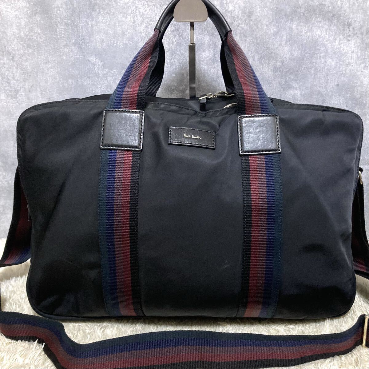 1 иен ~ прекрасный товар Paul Smith мужской портфель сумка на плечо кожа нейлон черный бизнес 2way ходить на работу посещение школы мульти- полоса 