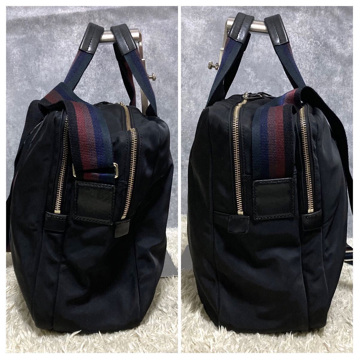 1 иен ~ прекрасный товар Paul Smith мужской портфель сумка на плечо кожа нейлон черный бизнес 2way ходить на работу посещение школы мульти- полоса 