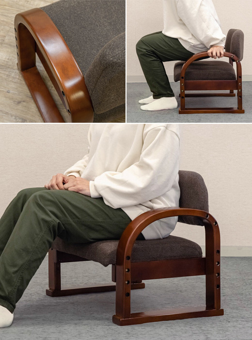 座椅子 ローチェア 木製フレーム 高さ調整 可能 スツール 肘掛付き 和室 布張り 3段階 座いす 座敷椅子 ファブリック ブラウン グレー_画像4