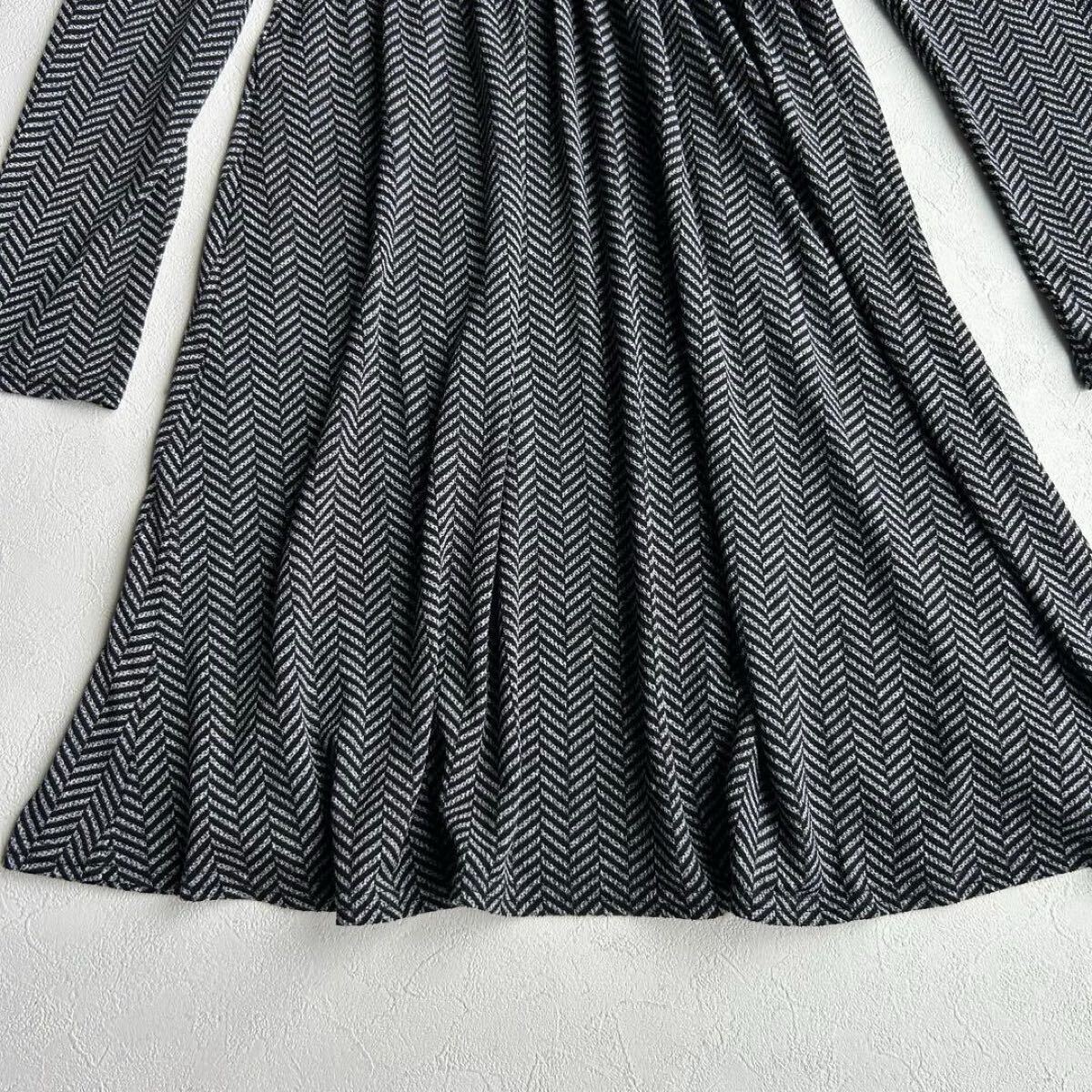 EGERIE エジェリ 膝丈フレアワンピース 長袖 ヘリンボーン　フランス製 ギャザー_画像5