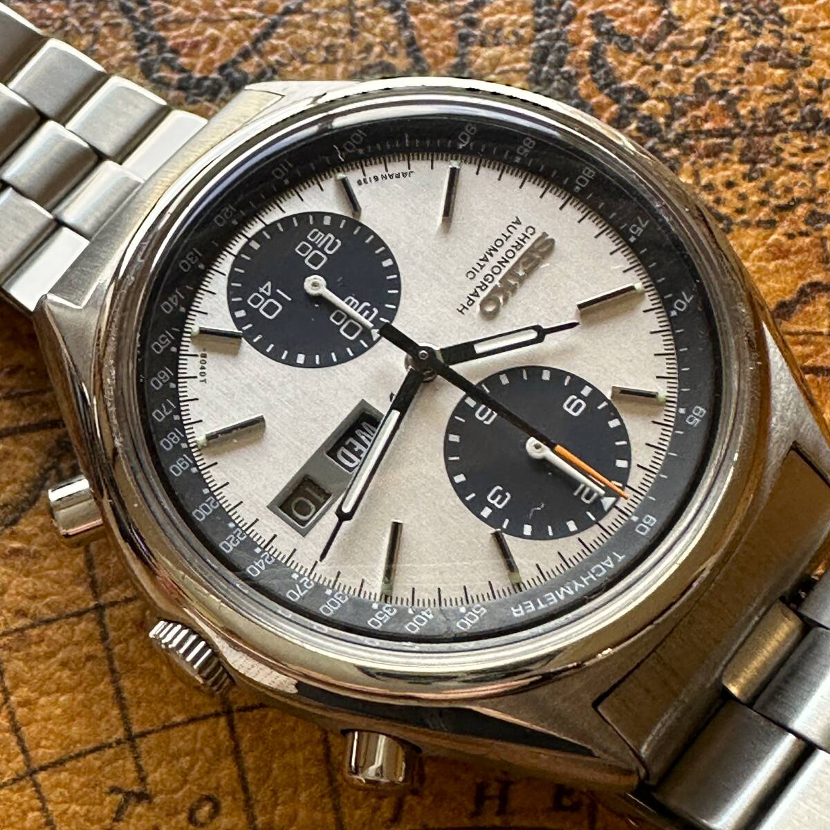 OH済★セイコー パンダ 白黒 6138-8020 クロノグラフ 日本語★ビンテージ時計 アンティーク時計 腕時計 自動巻き★スピードタイマー★1477_画像3