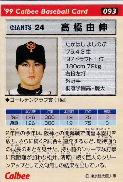 *1999 Calbee [ высота ...] BASBALL CARD No.093:. человек R2