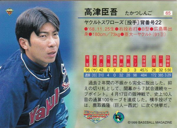 ●1999~01BBM/DH 【高津 臣吾】 通常版 ３種 No.65,185,63:ヤクルト_画像2