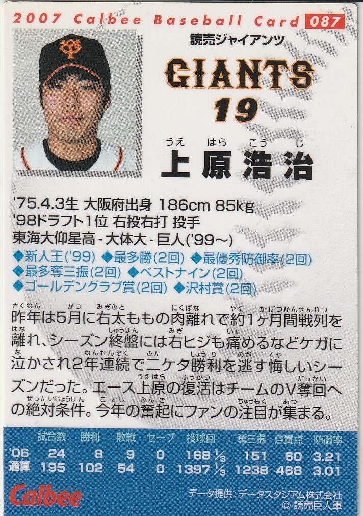 *2007 Calbee [ Uehara . 2 ] BASEBALL CARD No.087:. человек R