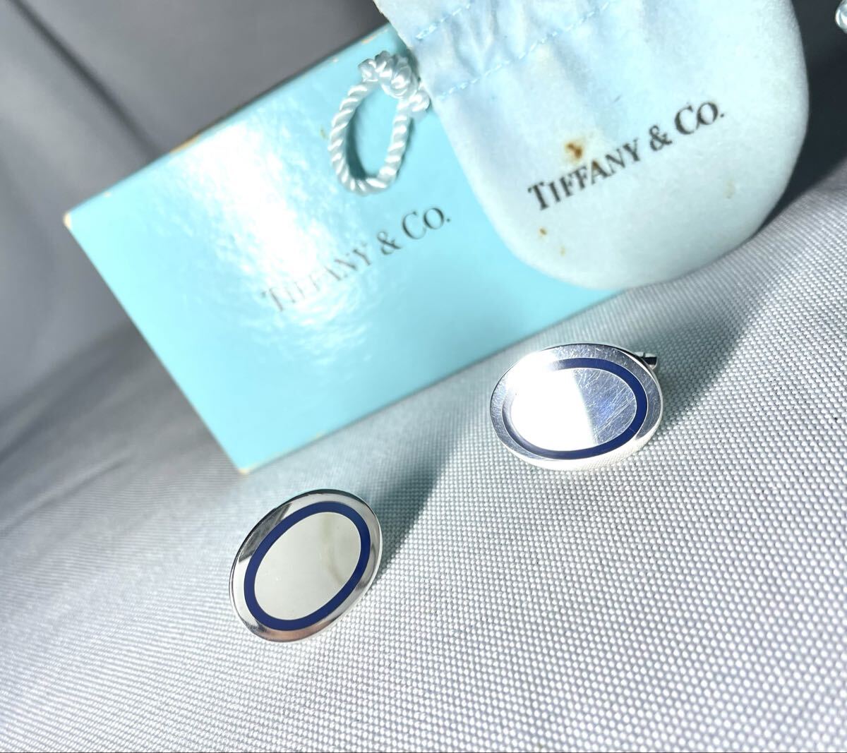即決希少 Tiffany ティファニー 鏡面スターリングシルバー & ブルーオーバルラインミラーカフス カフリンクス ボタン SV925 付属品あり_画像3