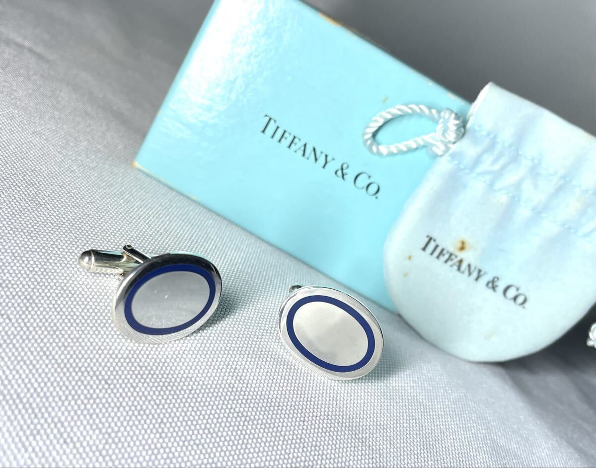 即決希少 Tiffany ティファニー 鏡面スターリングシルバー & ブルーオーバルラインミラーカフス カフリンクス ボタン SV925 付属品あり_画像1