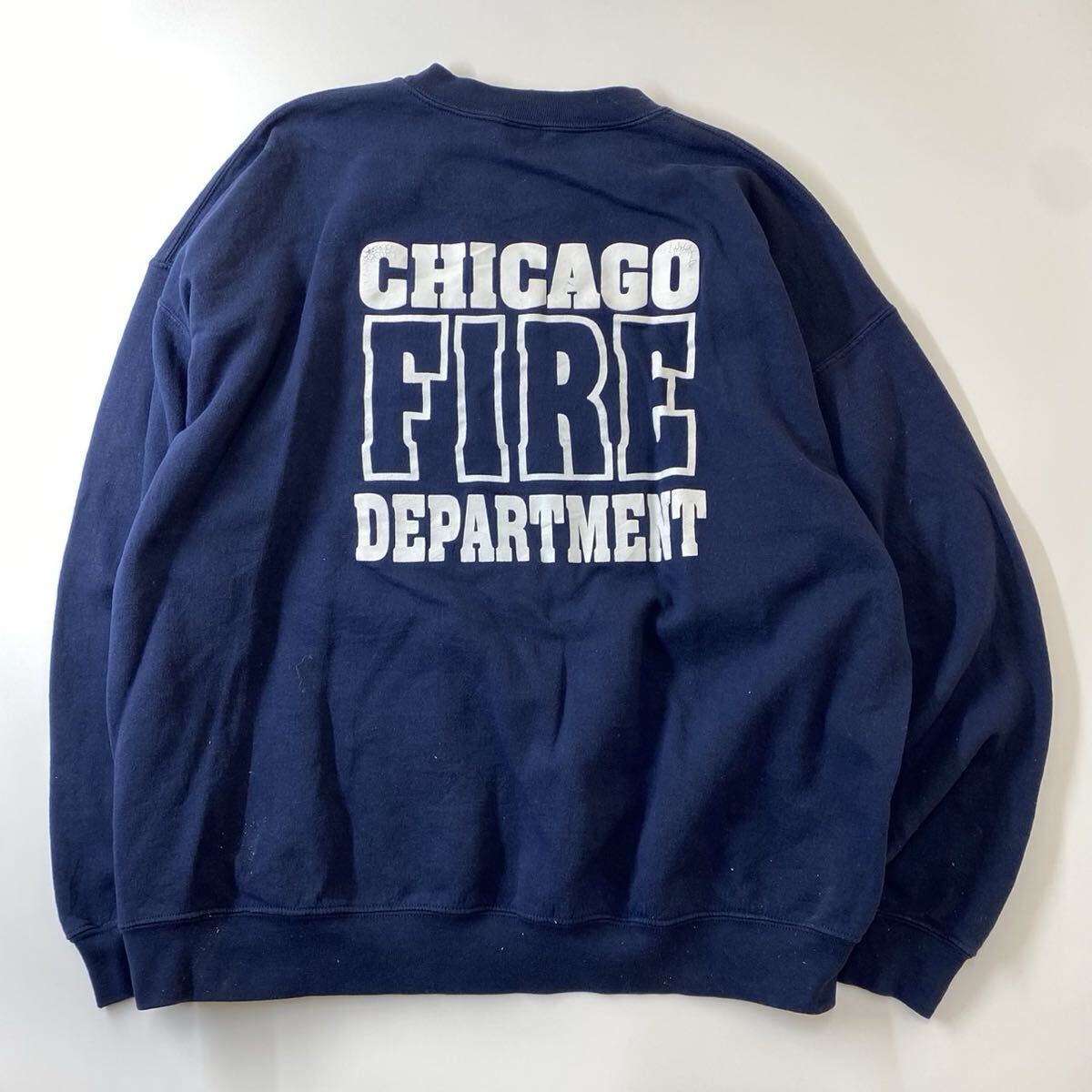 GILDAN ギルダン ヘビーウェイト USA製 シカゴ消防署 C.F.D. スウェット XL ネイビー ビンテージ_画像2