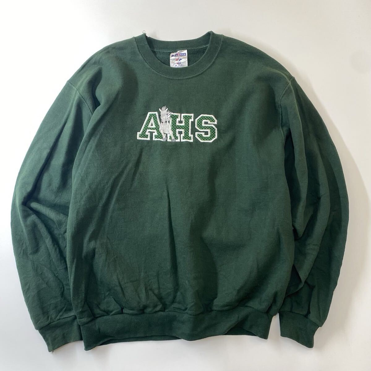 US古着 JERZEES ジャージーズ 刺繍ロゴ 英語ロゴ スウェット トレーナー 緑 Mサイズ 裏起毛_画像1