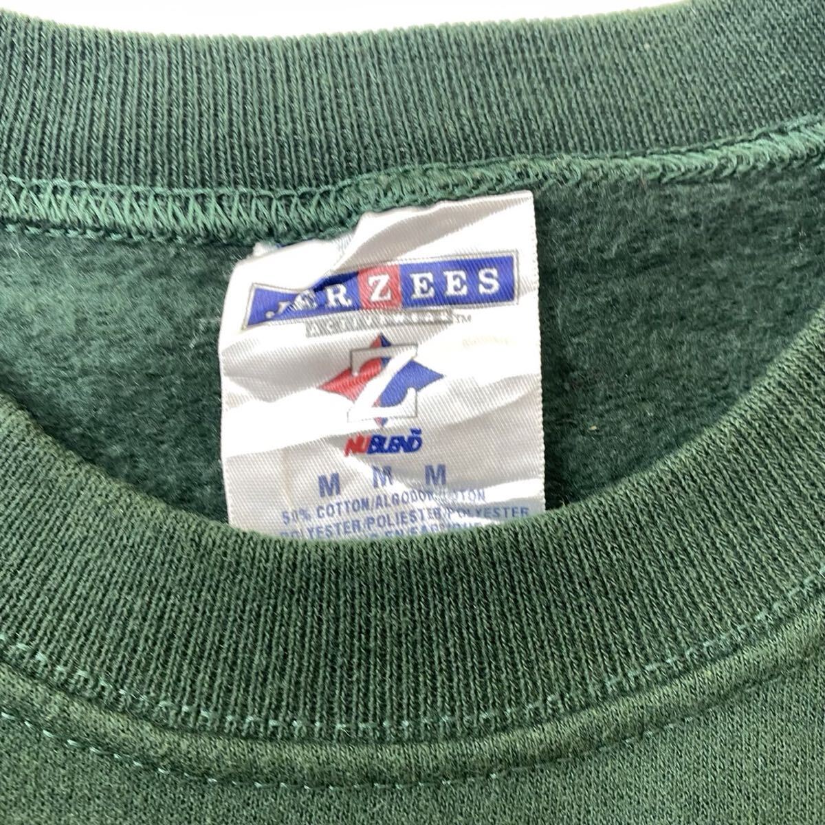 US古着 JERZEES ジャージーズ 刺繍ロゴ 英語ロゴ スウェット トレーナー 緑 Mサイズ 裏起毛_画像3
