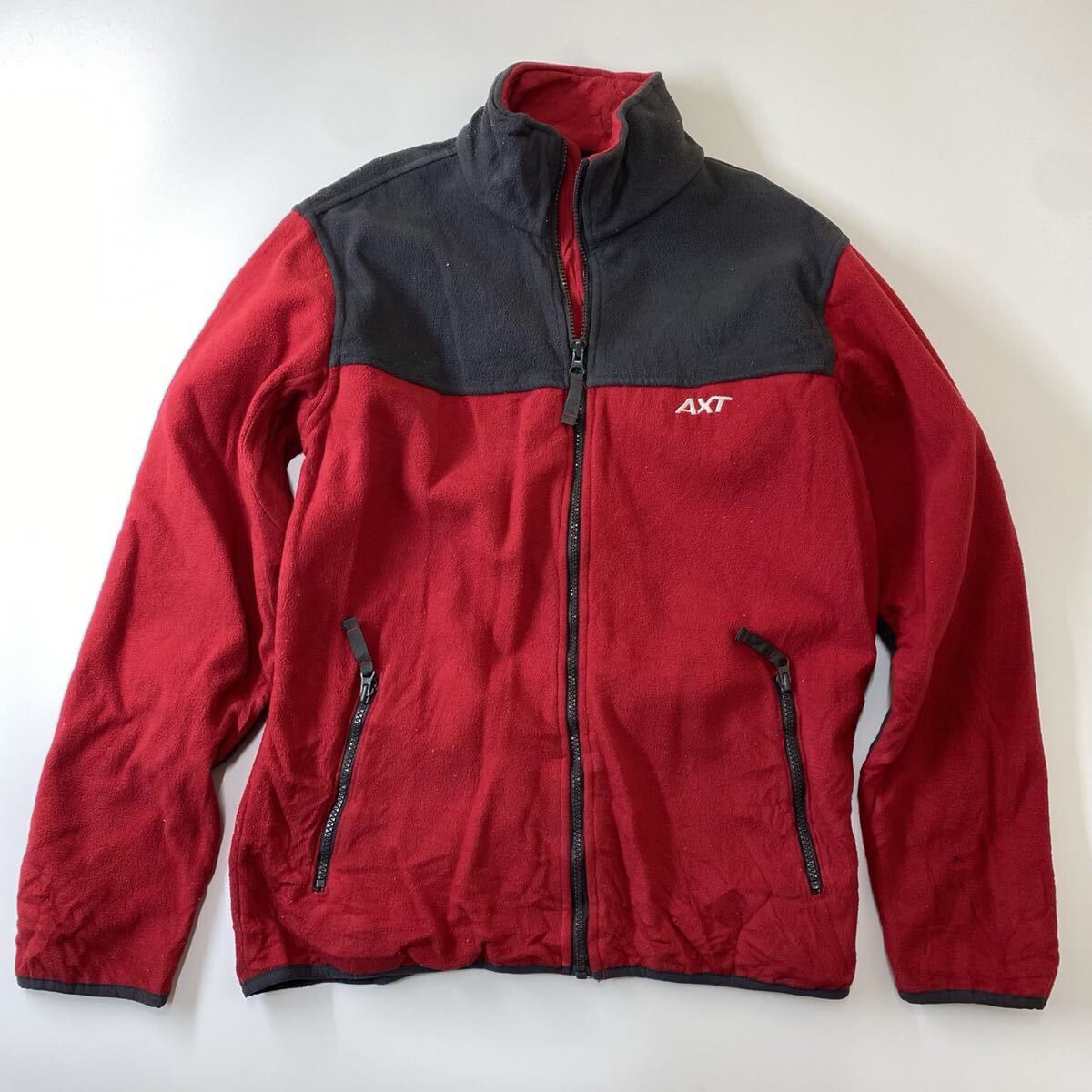 90s アメリカ古着 AXT フリースジャケット ジップアップ レッド グレー メンズ_画像1
