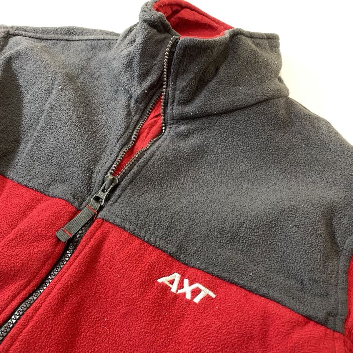 90s アメリカ古着 AXT フリースジャケット ジップアップ レッド グレー メンズ_画像2