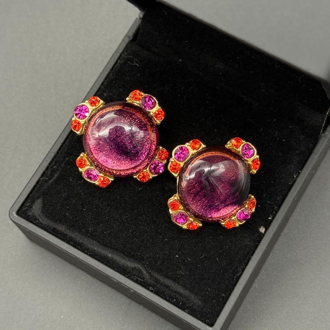 【超希少・極美品】GIVENCHY ジバンシー イヤリング フラワー モチーフ ラインストーン カラーストーン ゴールド ヴィンテージ_画像1