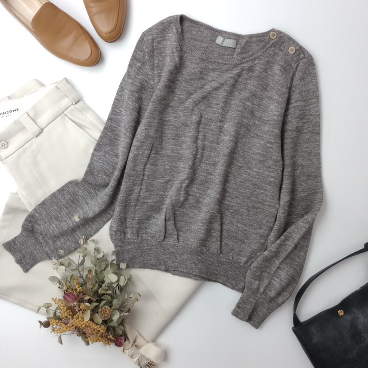 MARGARET HOWELL「ほらほら、もたもた朝から迷わない。」アルパカ×ウール×リネン 肩ボタン ニット 長袖 モカブラウン(35M＋8138)_画像1