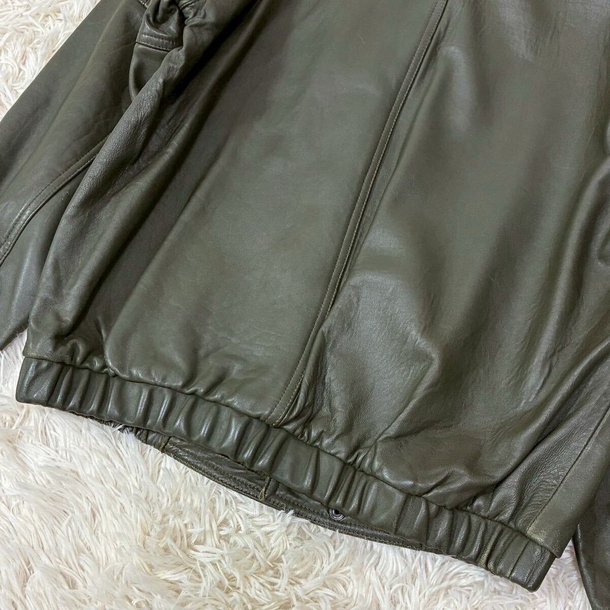 美品 L相当 Durban レザージャケット ライダース ラムレザー カーキ メンズ アウター 希少色 羊革 秋冬 高級感 ダーバン リブ _画像9