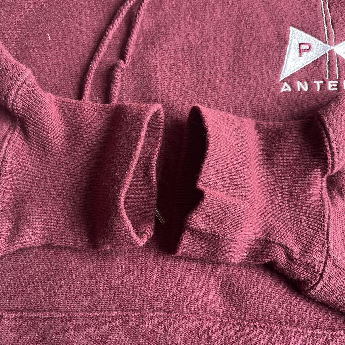 90s USA製 プルオーバー スウェット パーカー 企業ロゴ Lサイズ エンジ リバースウィーブタイプ 古着 ビンテージ PD ANTENNA Lee ボディ_画像5