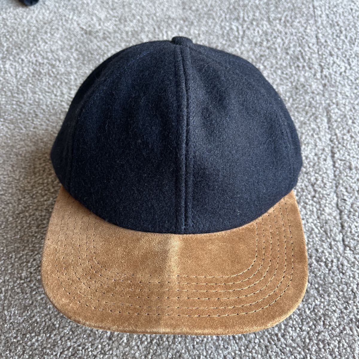 USA製 ウール レザー コンビ スナップバック キャップ ベースボールキャップ 無地 80-90s オールド ビンテージ 古着 中古 DORFMAN スエード_画像1