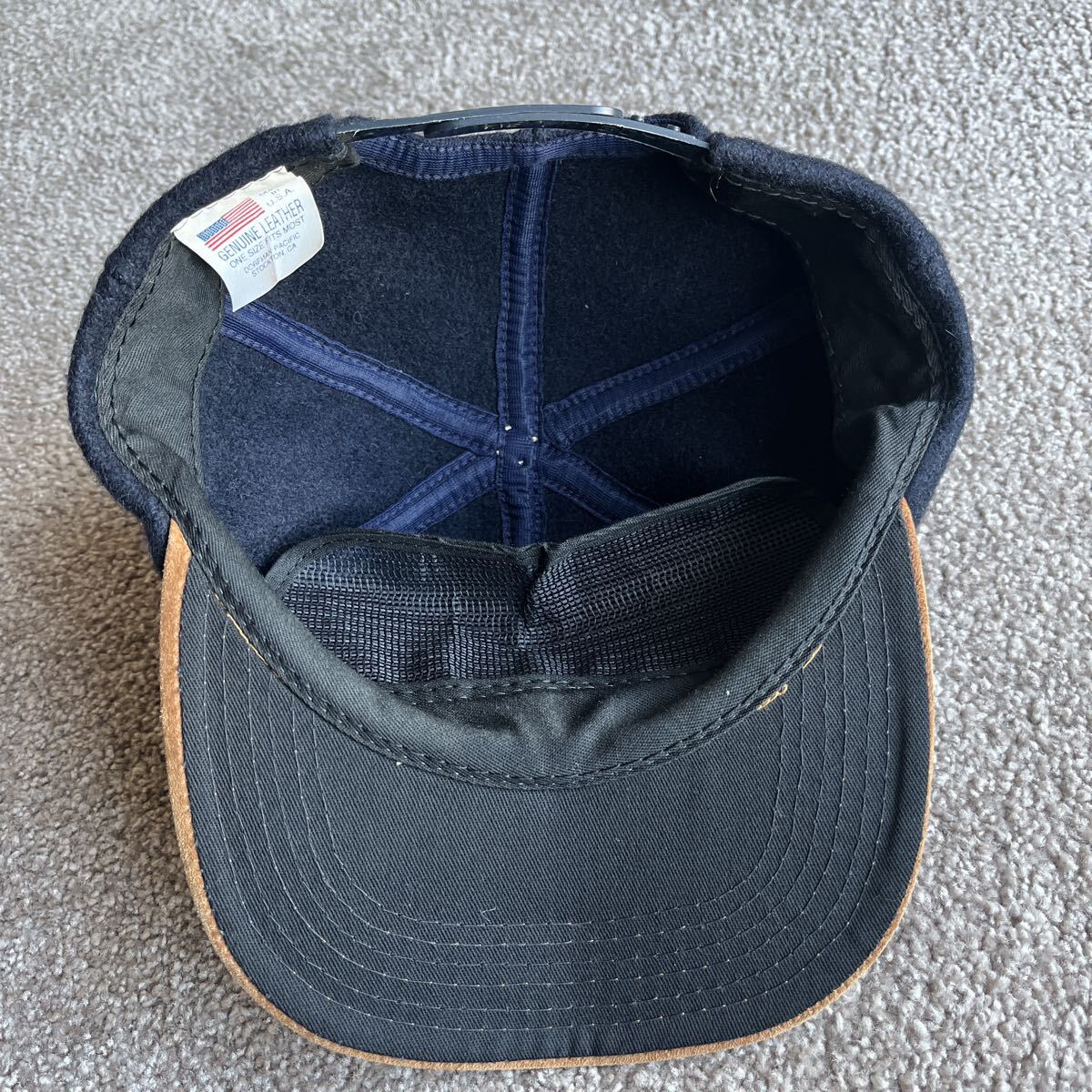 USA製 ウール レザー コンビ スナップバック キャップ ベースボールキャップ 無地 80-90s オールド ビンテージ 古着 中古 DORFMAN スエード_画像5